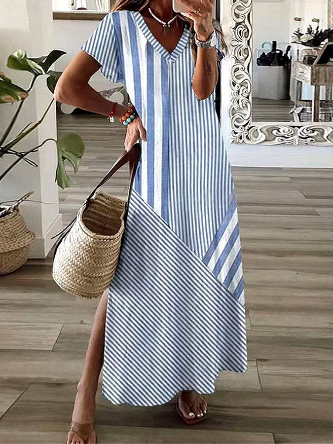 Women's Casual V-Neck Short Sleeve Striped Print Dress