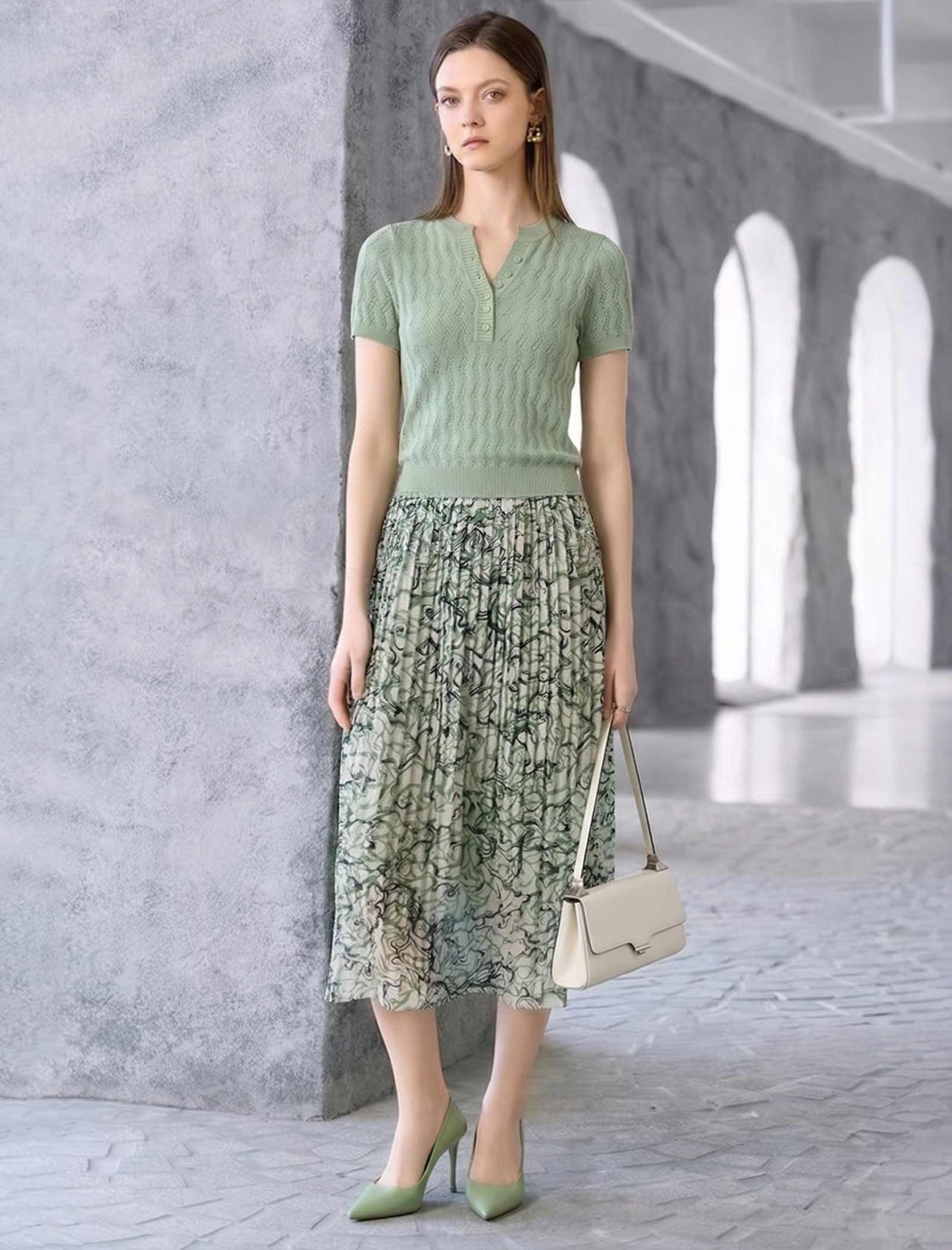 Wavy Openwork Tencel Linen Henley Knit Top