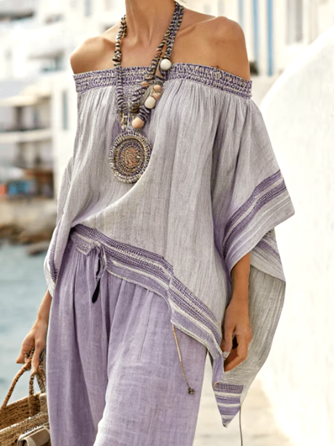 Women'S Loose Casual Striped One-Shoulder Irregular Top And Pants Set