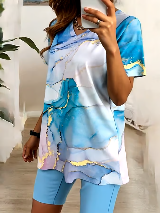 Women'S Loose Printed V-Neck Top And Shorts Set