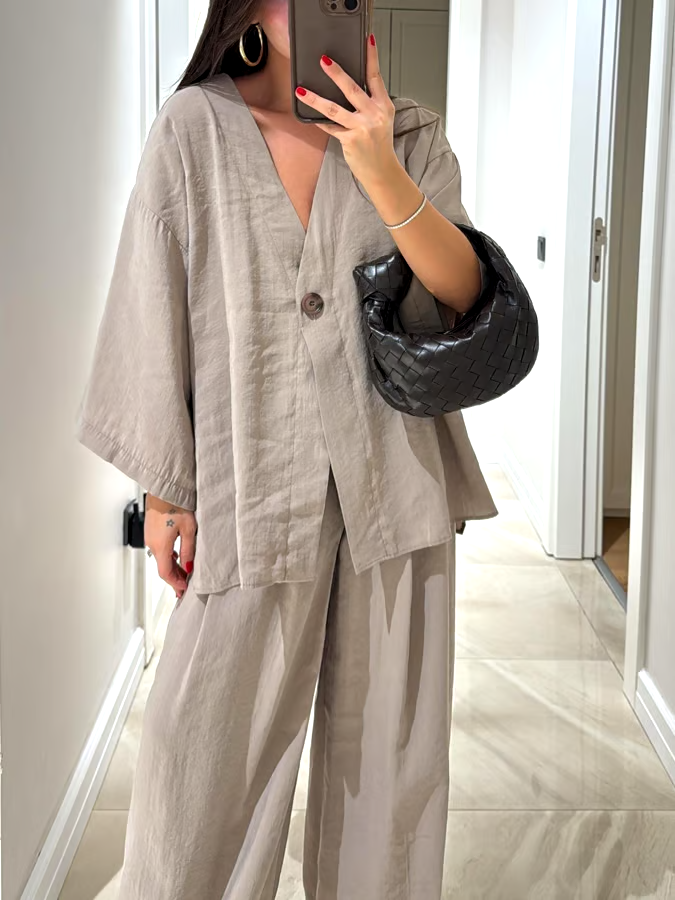 Women's Casual Solid Color Cotton and Linen Top and Pants Set