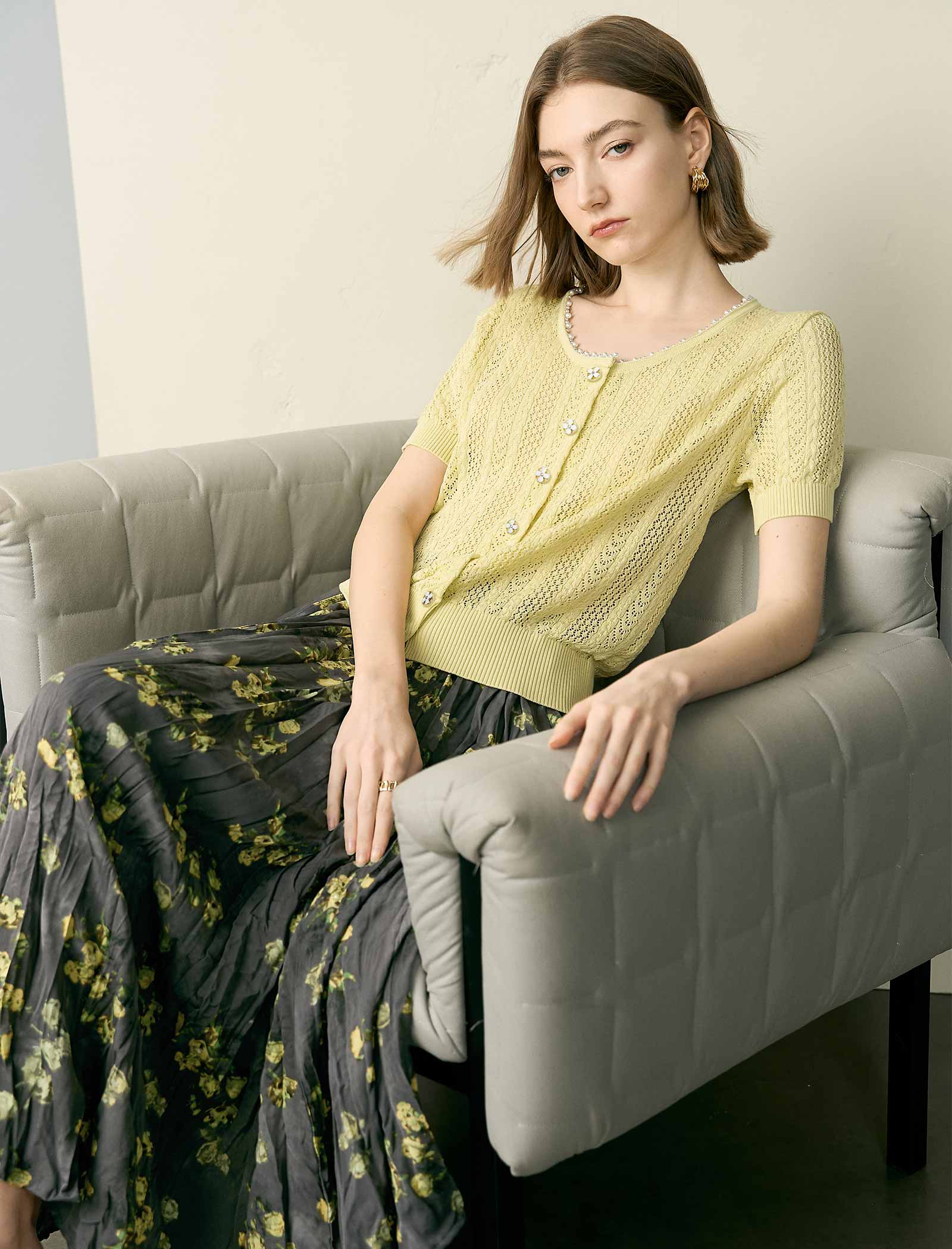 Pale Yellow Tencel Pearl Trim Knit Cardigan