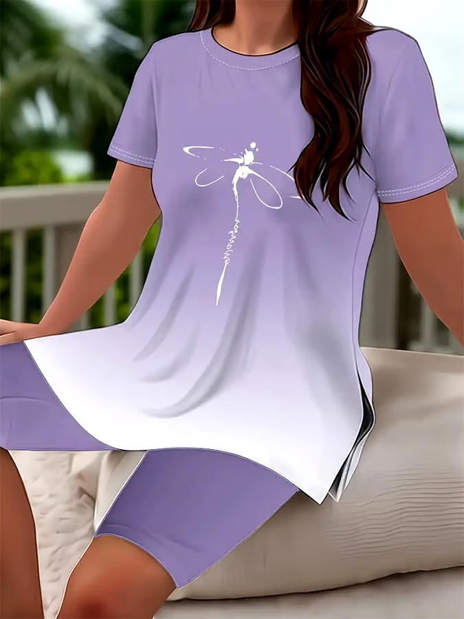 Women's Casual Round Neck Gradient Pattern Short Sleeve T-Shirt Shorts Set