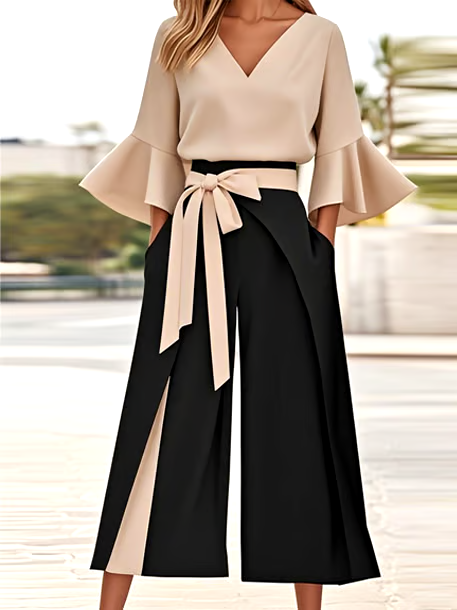 Women'S Casual V-Neck Trumpet Sleeve Contrast Color Two-Piece Suit