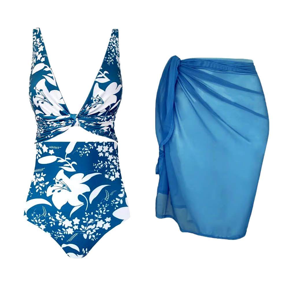 Blue Reversible Multi Wear Bikini And Sarong Swimsuit Set