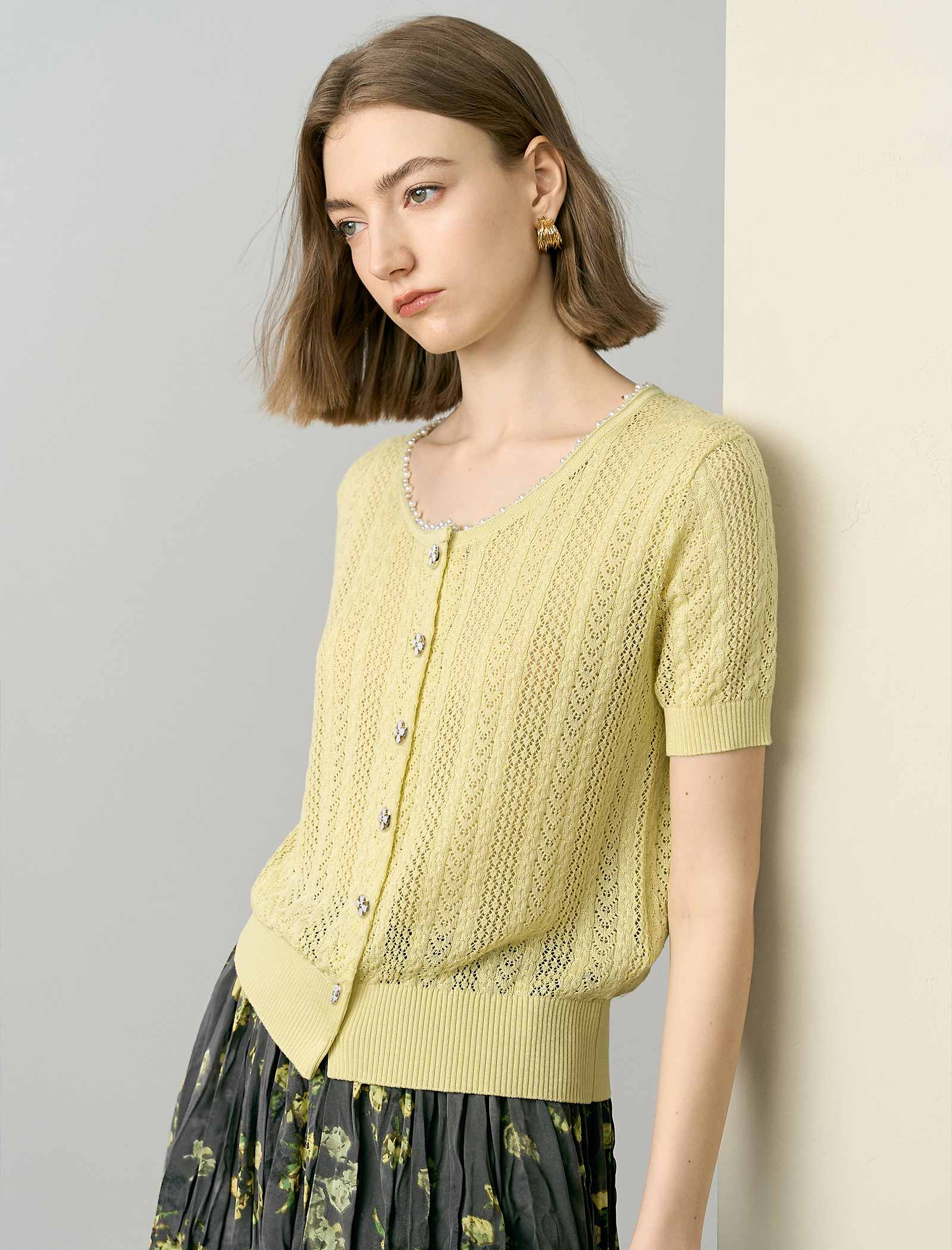 Pale Yellow Tencel Pearl Trim Knit Cardigan