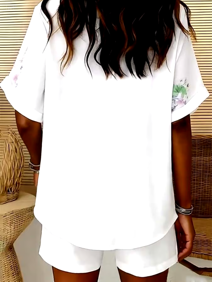 Women'S Loose Printed V-Neck Top And Shorts Set