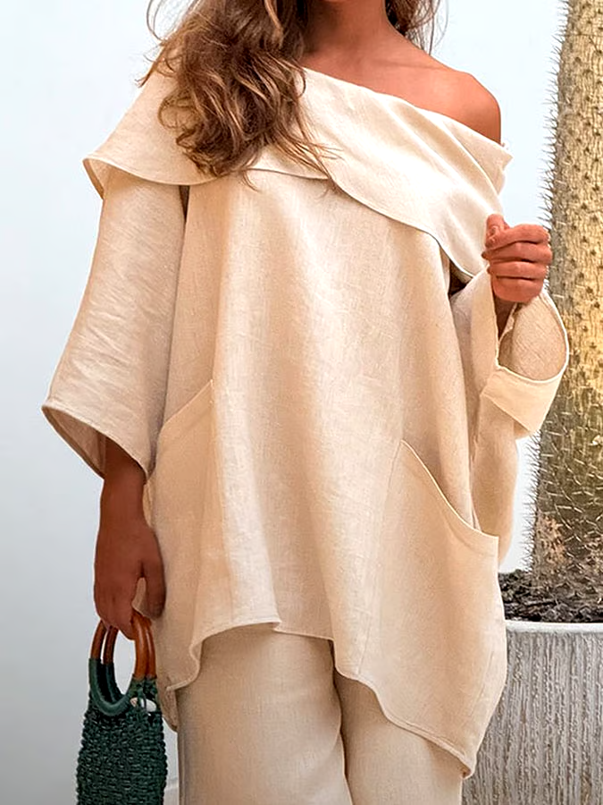 Women's Casual Solid Color Long Sleeve Cotton and Linen Top