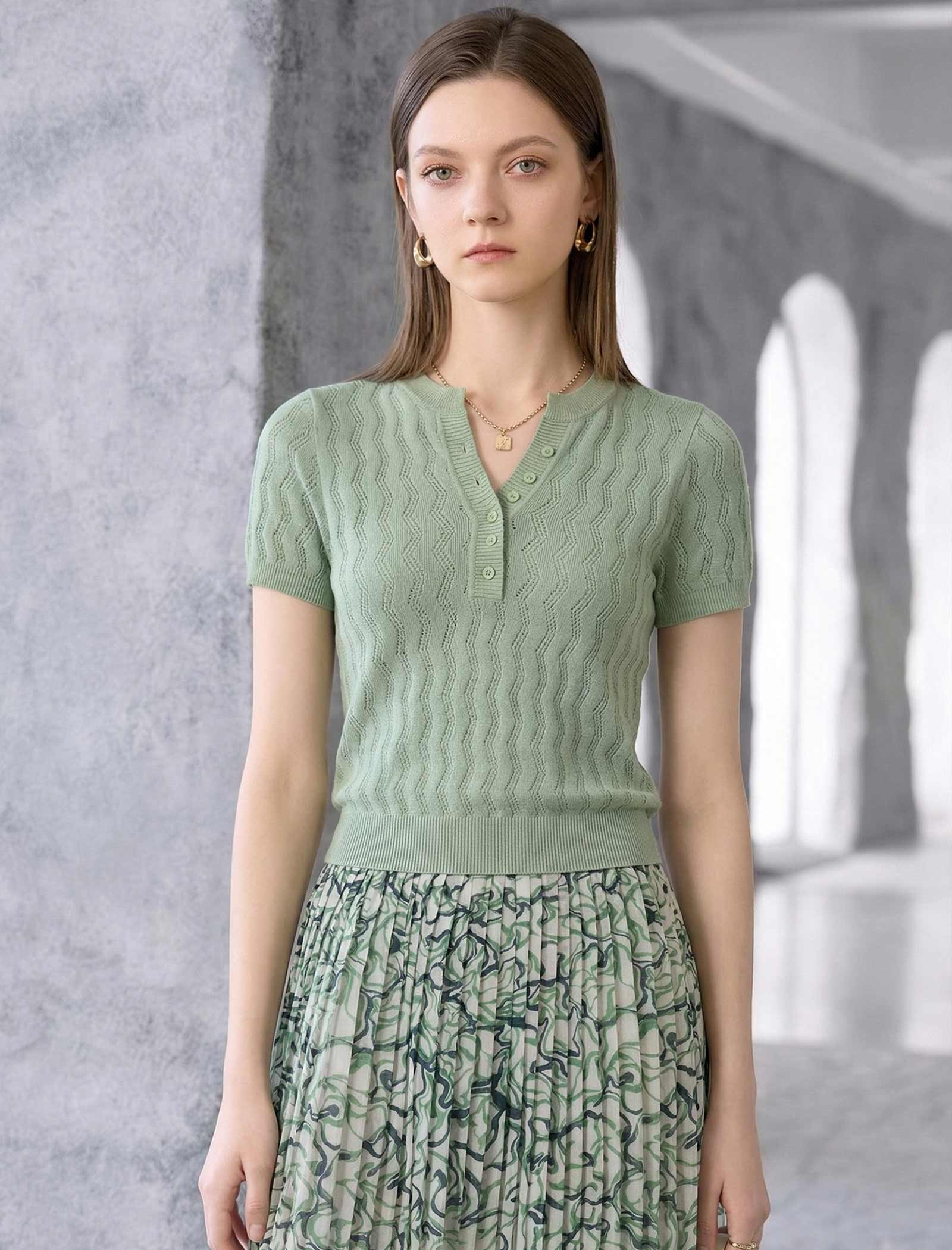 Wavy Openwork Tencel Linen Henley Knit Top