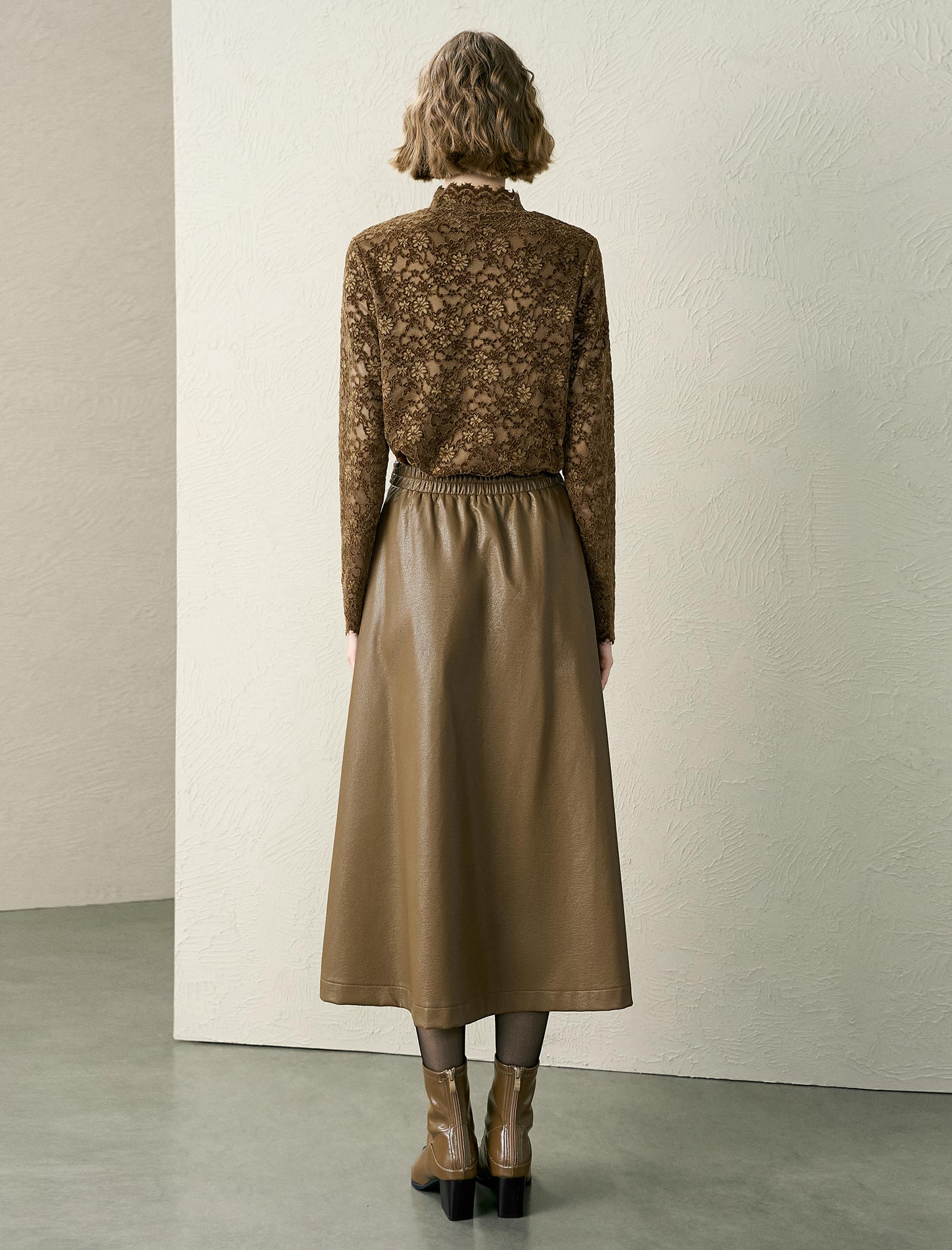 Floral Lace Mock Neck Ruched Blouse