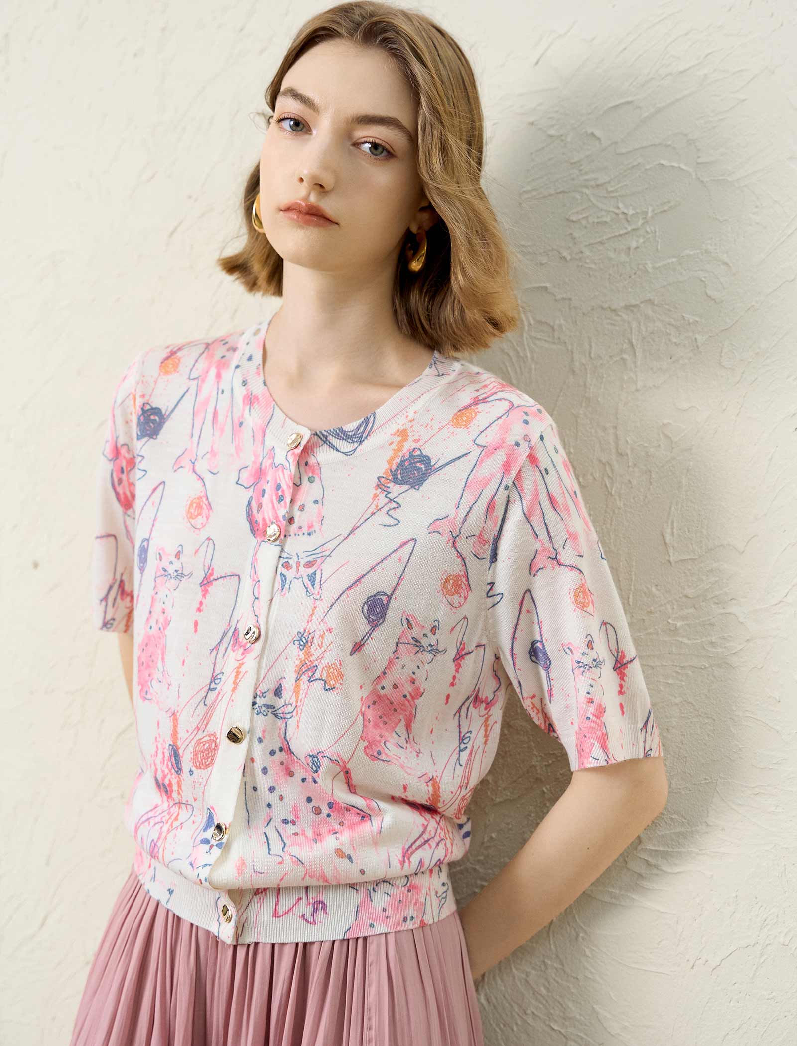 Ethereal Artistic Print Single-Breasted Viscose Top