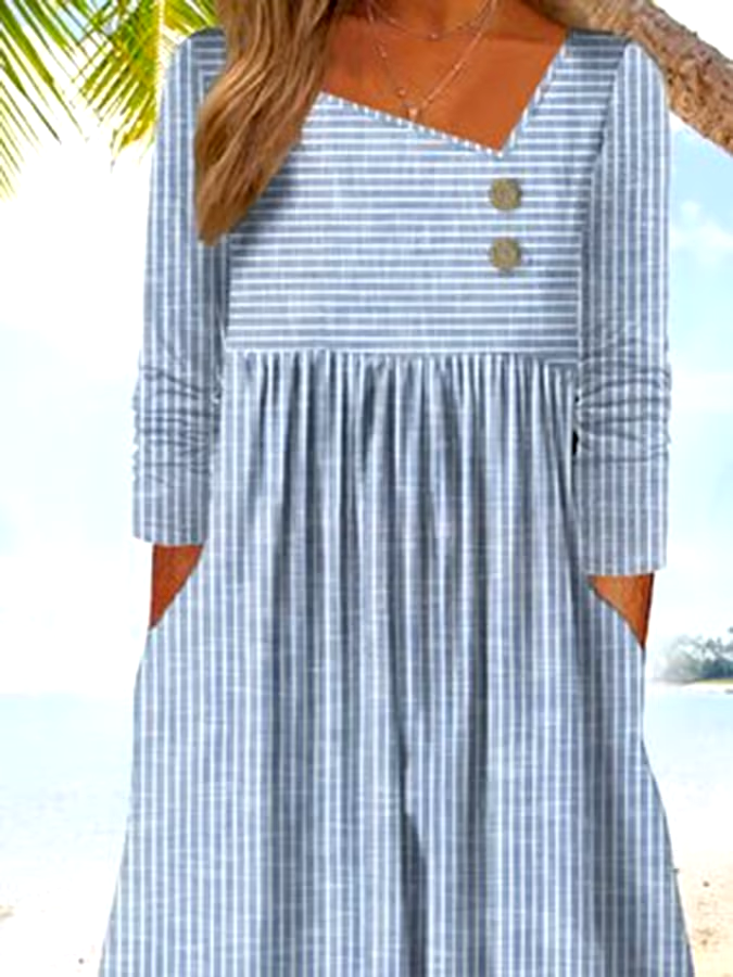 Women's Retro Striped Pockets And Buttons Casual Dress