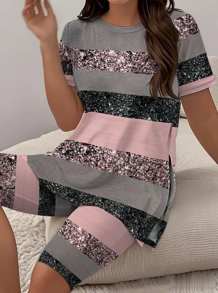 Women's Casual Round Neck Striped  Print Short Sleeve T-Shirt Shorts Set