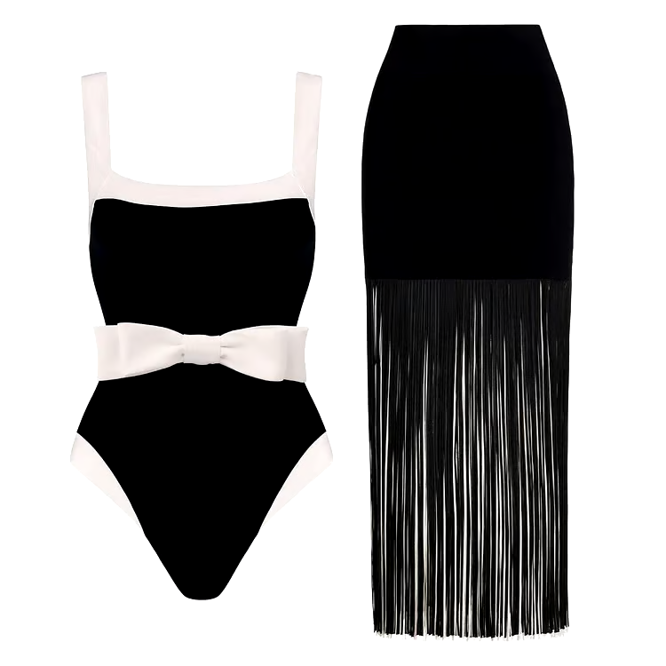 Bowknot Decor Color Block One Piece  Swimsuit Set