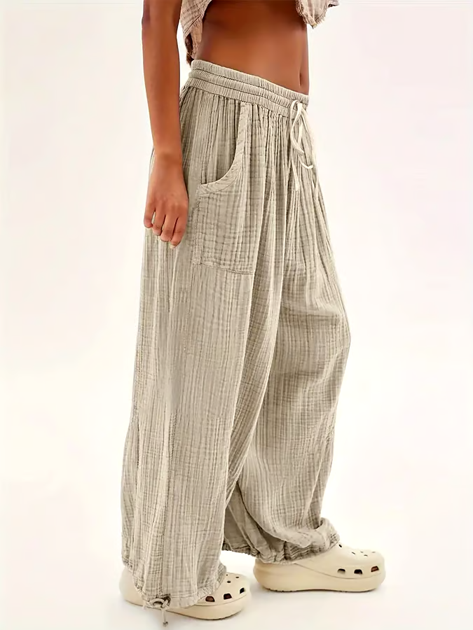 Women'S Solid Color Loose Cotton And Linen Lace-Up Casual Pants