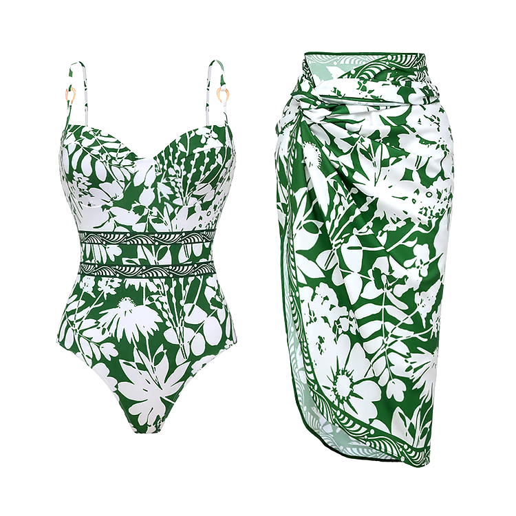 Sling Shadow of Trees Printed One Piece Swimsuit Set