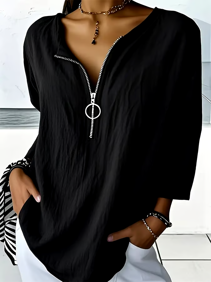 Women's Casual Solid Color Zipper Three-quarter Sleeve Cotton and Linen Shirt