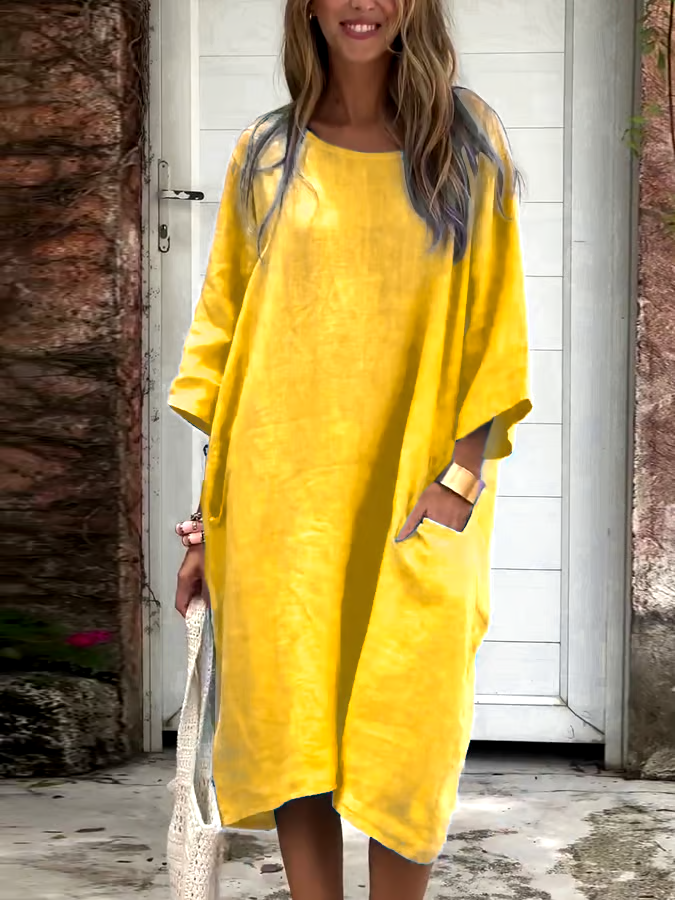 Women'S Casual Solid Color Loose Cotton And Linen Dress