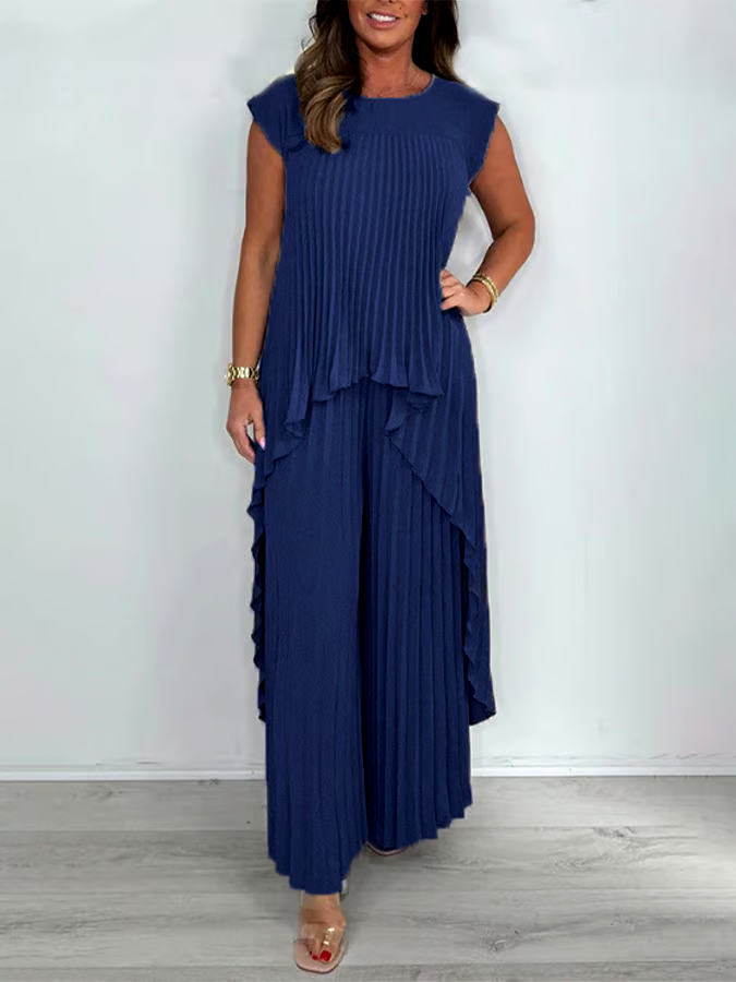 Women'S Solid Color Round Neck Pleated Top Straight Trousers Two-Piece Set