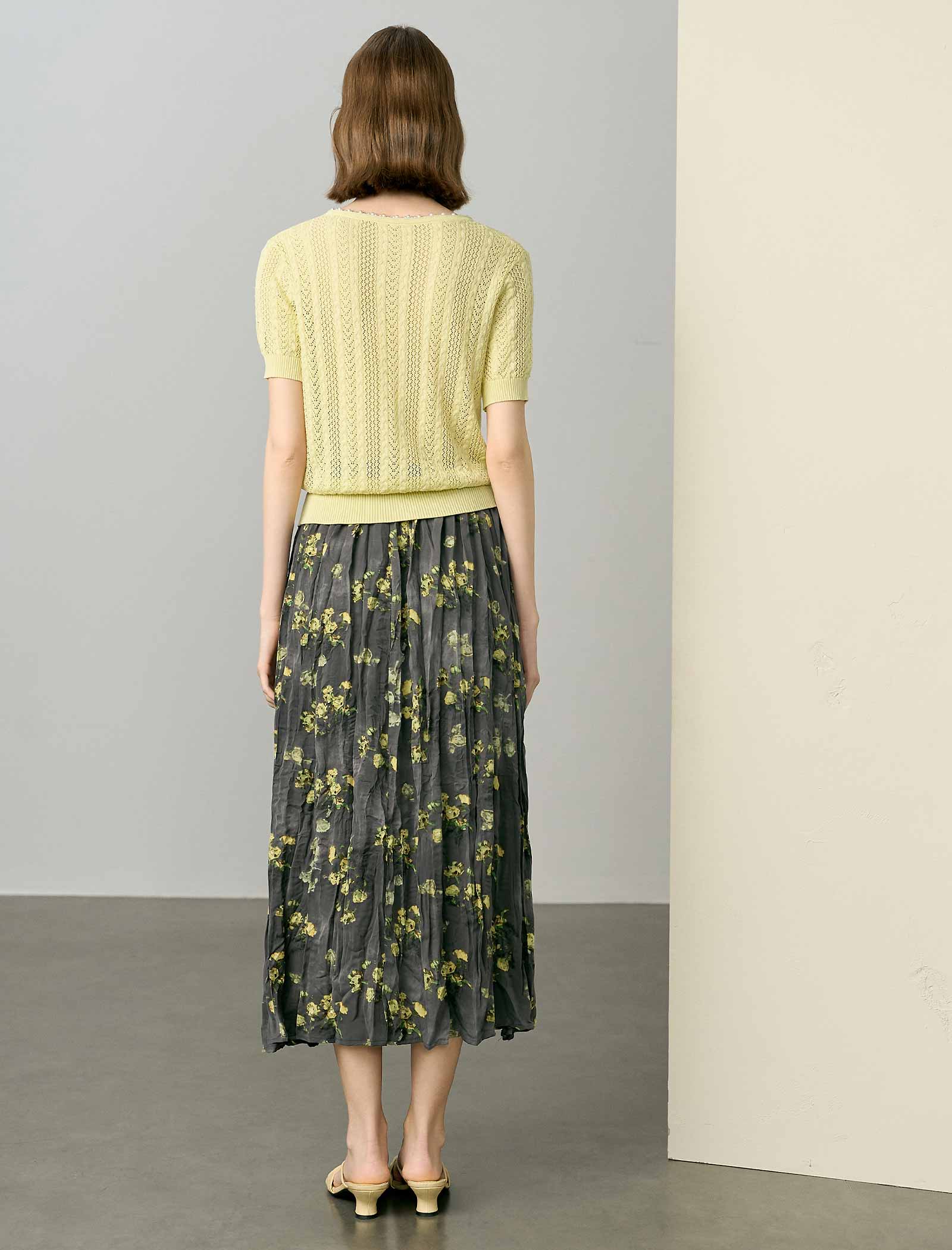 Pale Yellow Tencel Pearl Trim Knit Cardigan