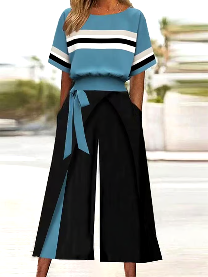 Women's Casual Round Neck Striped Pants Two-Piece Set