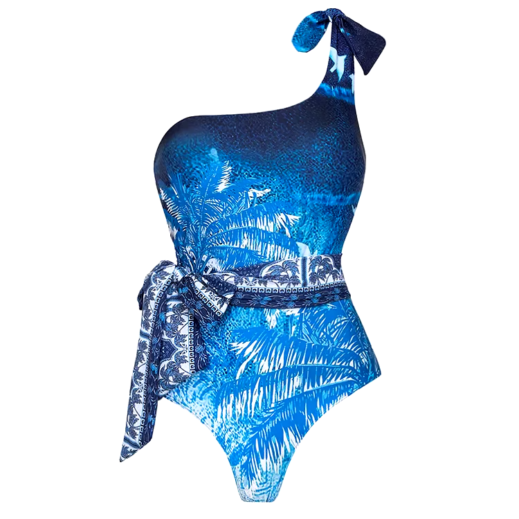 One Shoulder Print One Piece Swimsuit Set