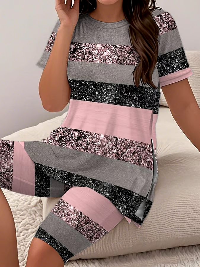 Women's Casual Round Neck Striped  Print Short Sleeve T-Shirt Shorts Set