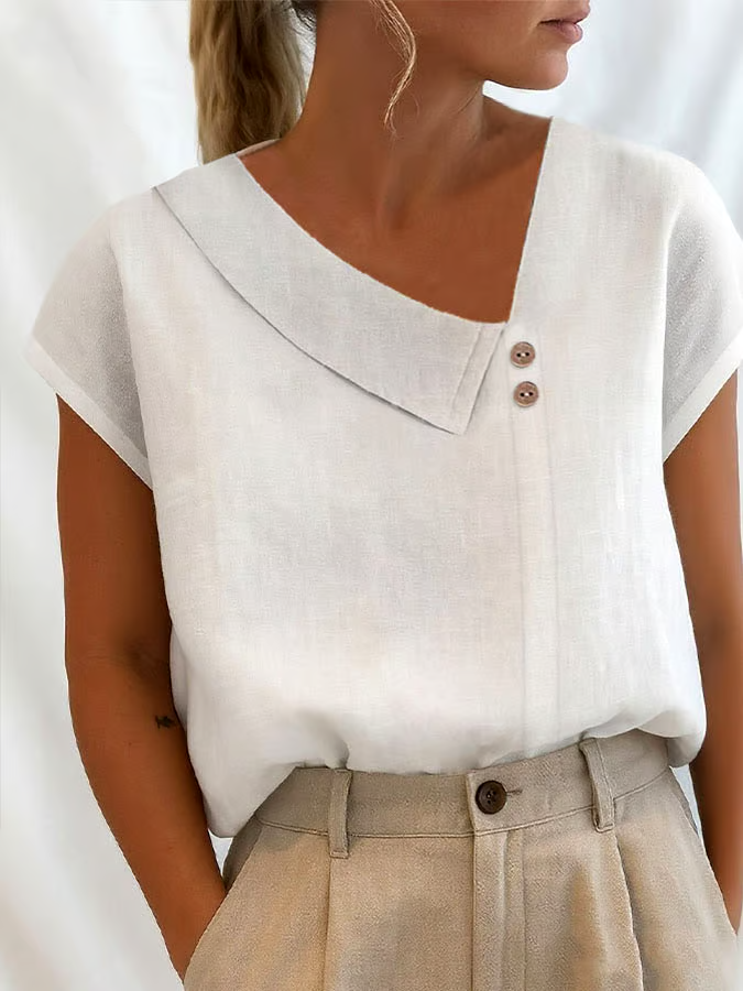 Women's Casual Solid Color V-Neck Short Sleeve Cotton and Linen Button Top
